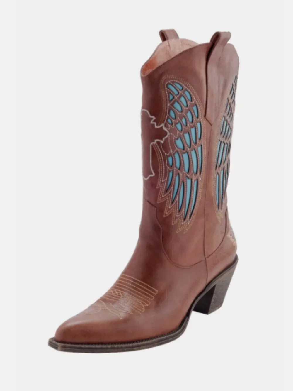 New Women's Embroidered Cowboy Boots Angel Wings & Cross Genuine Leather Western